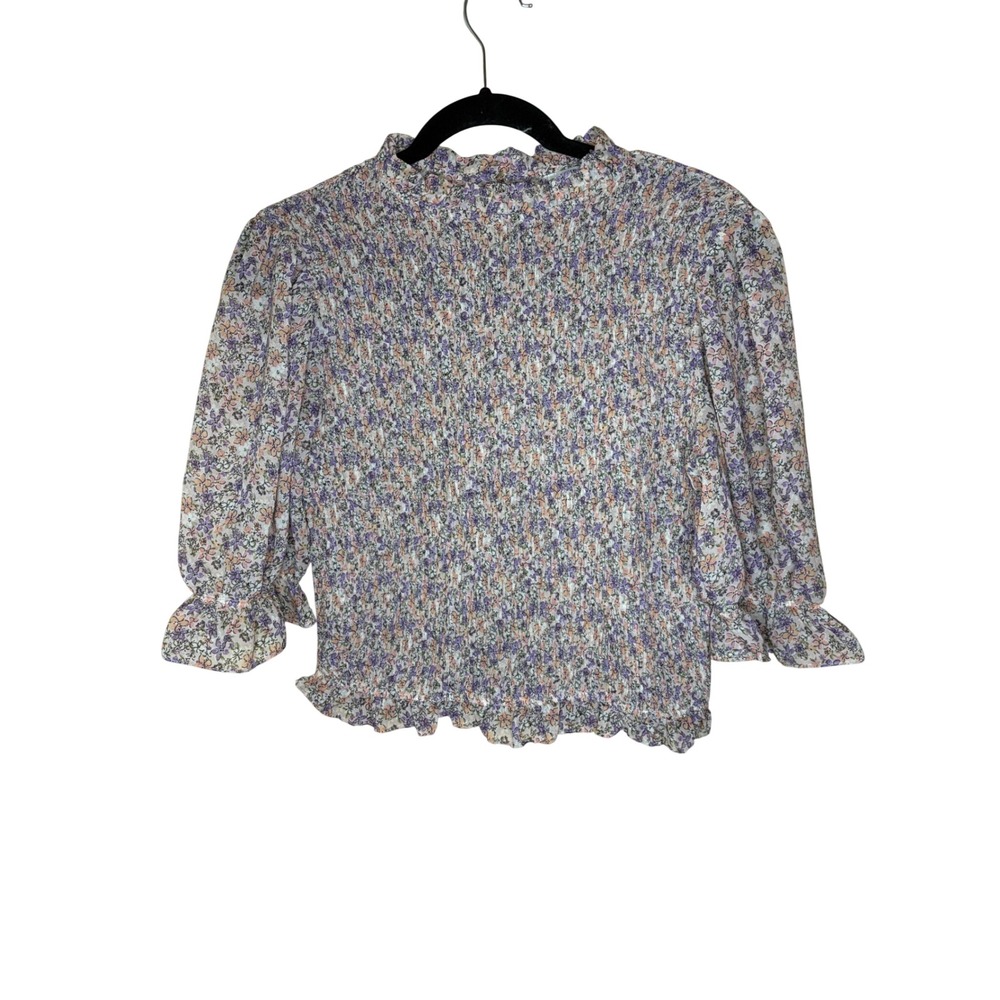 Haute Monde Floral Smocked Blouse Purple Orange Mock Neck Ruffle Top Large